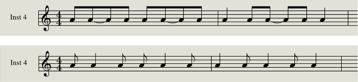 Figure. Syncopation disabled and enabled in the Score Editor.