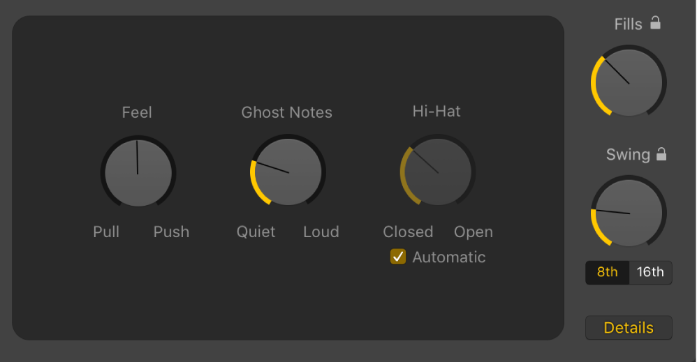 Figure. Feel knob, Ghost Notes knob, and Hi-Hat knob in the Drummer Editor.