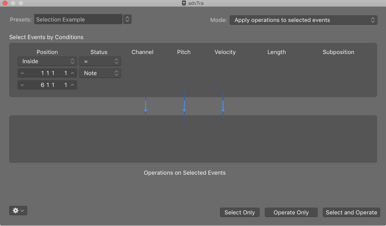 Figure. Transform window showing settings to make note selections for edit operations.