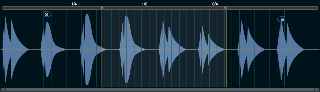 Figure. Zone waveform editor in Main source edit window, showing alignment markers.