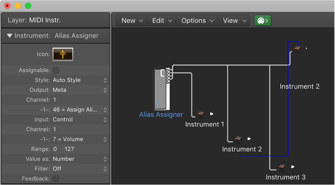 Figure. Environment window showing an alias assigner object and its inspector.
