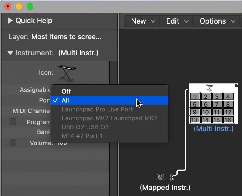 Figure. Port pop-up menu in the Object inspector showing MIDI output options.