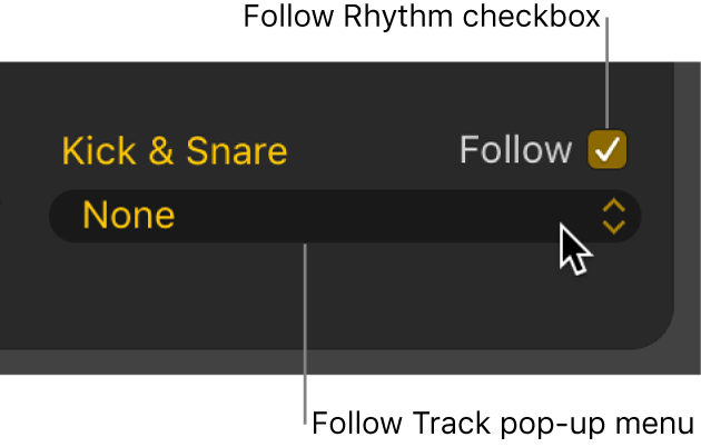 Figure. Follow checkbox and Follow Track pop-up menu in the Drummer Editor.