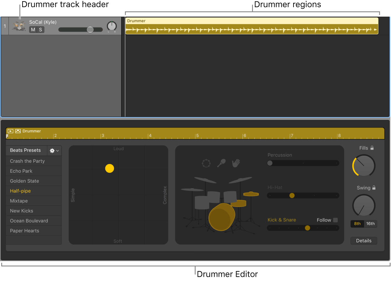 Figure. Shows a Drummer track containing Drummer regions, and the Drummer Editor.