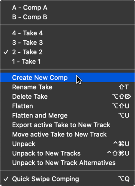 Figure. Choosing Create New Comp from the pop-up menu.