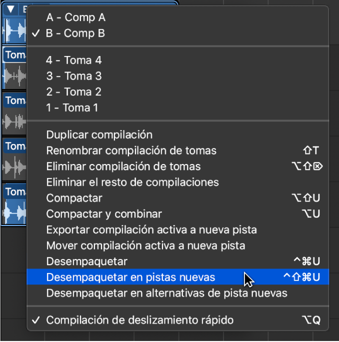 Ilustración. Se está seleccionando la opción “Desempaquetar en pistas nuevas” en el menú desplegable.