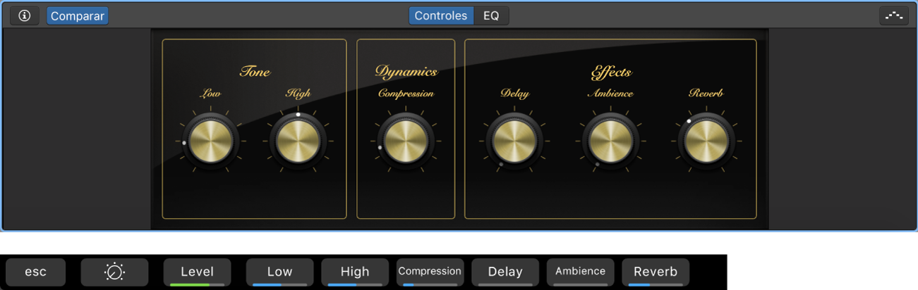 Ilustración. Smart Controls de pista de instrumentos de software y funciones rápidas de la pantalla de Smart Controls dinámicos.