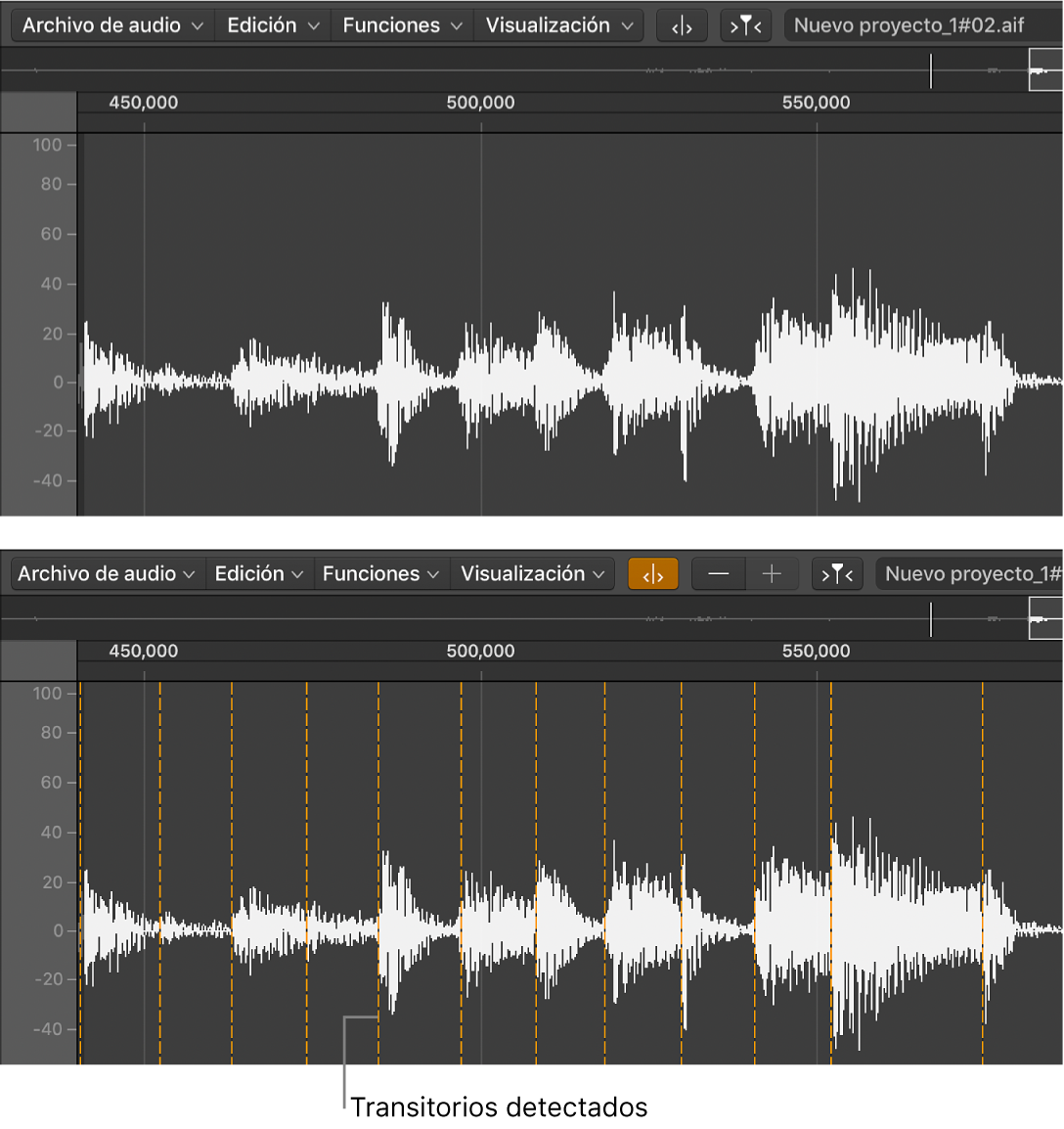 Ilustración. Pasaje de audio en el editor de samples, sin transitorios y con transitorios.
