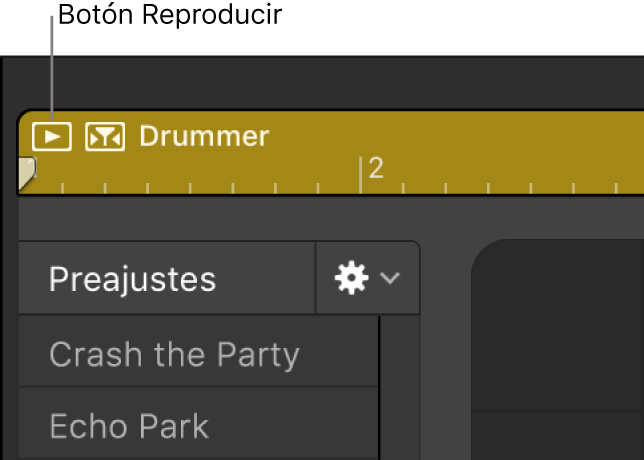 Ilustración. Se está haciendo clic en el botón Reproducir del área superior izquierda del editor Drummer.