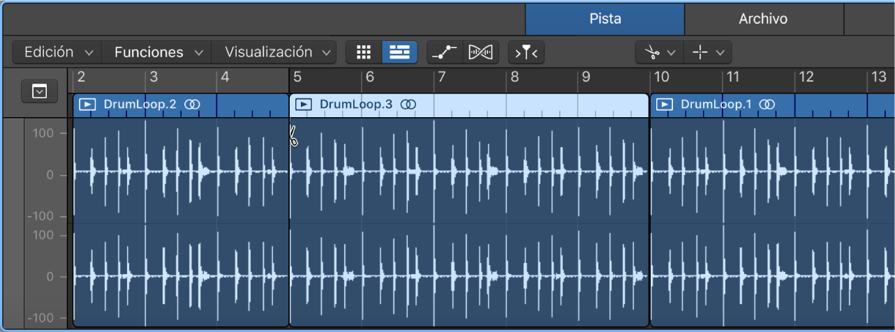 Ilustración. Se está dividiendo un pasaje en el editor de audio con la herramienta Tijeras.