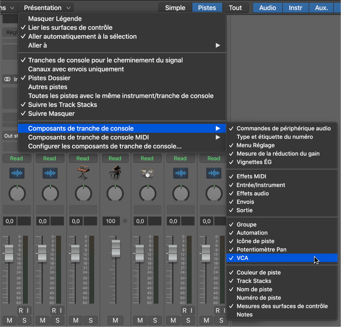 Figure. Sous-menu « Composants de tranche de console » dans le menu Présentation de la table de mixage.