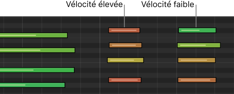 Figure. Différentes vélocités de note indiquées par des couleurs dans l’éditeur de partition défilante.