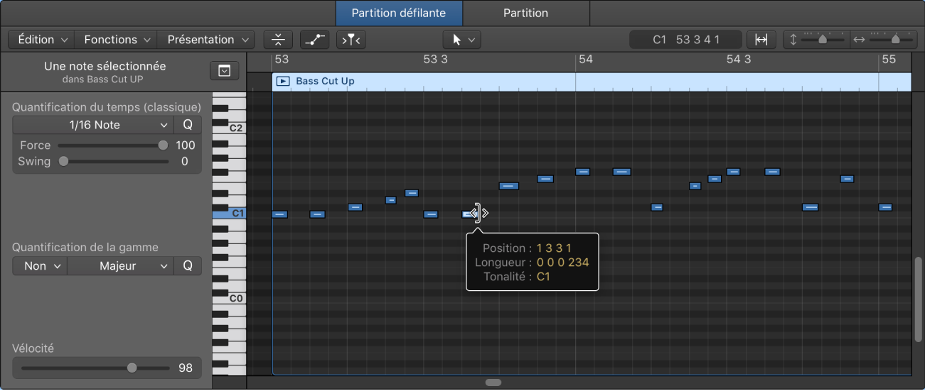 Figure. Modification d’un événement de note MIDI dans l’éditeur de partition défilante.