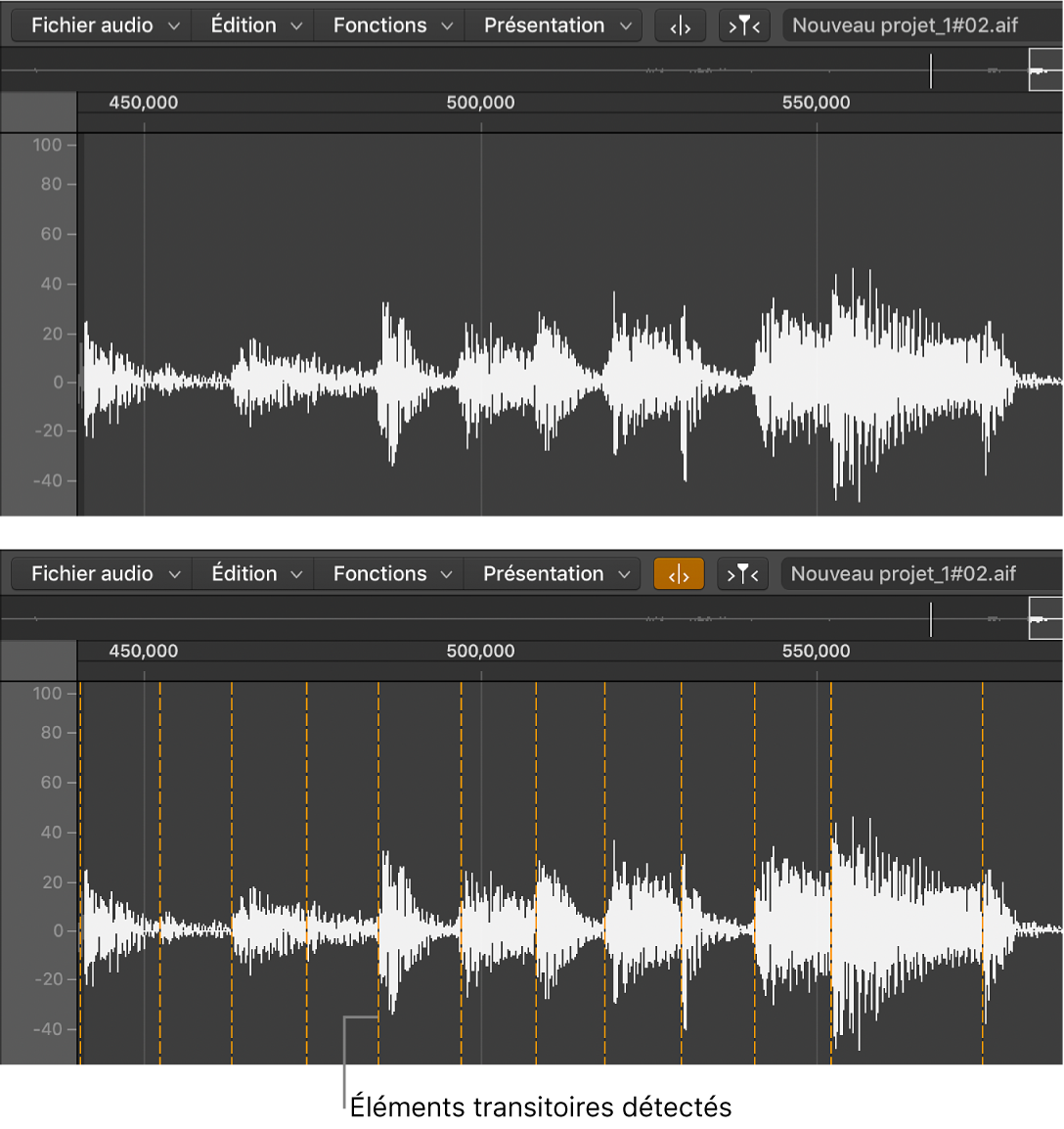 Figure. Région audio dans l’éditeur d’échantillons, avec éléments transitoires et sans éléments transitoires.