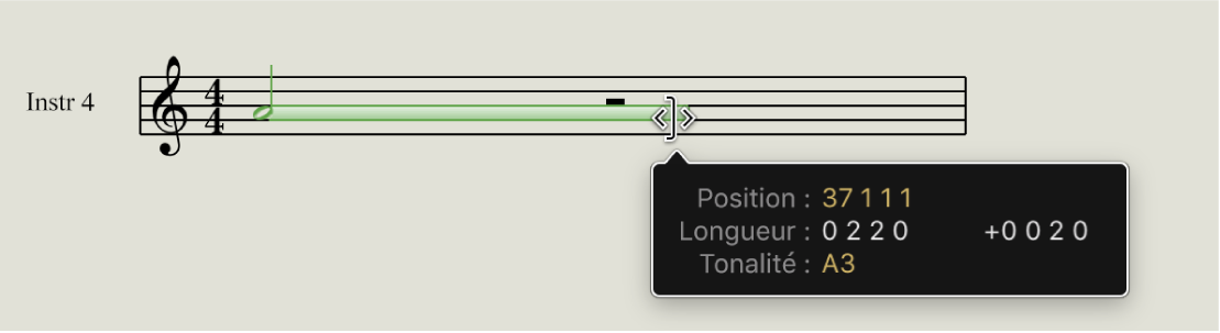 Figure. Extension de la durée en mesures d’une note dans l’éditeur de partition
