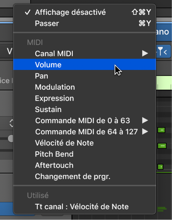 Figure. Données MIDI choisies dans le menu local Paramètre d’automation/MIDI.