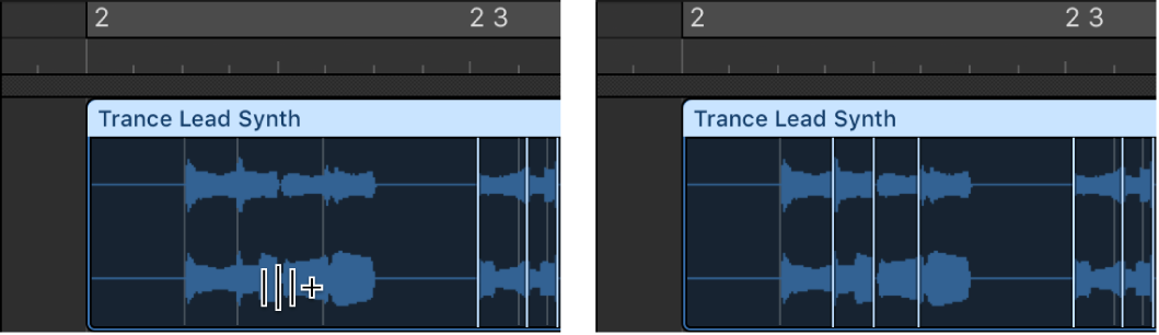 Figure. Région audio illustrant la création de trois marqueurs Flex.