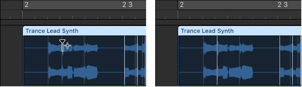 Figure. Région audio illustrant la création d’un marqueur Flex sur un marqueur d’élément transitoire.
