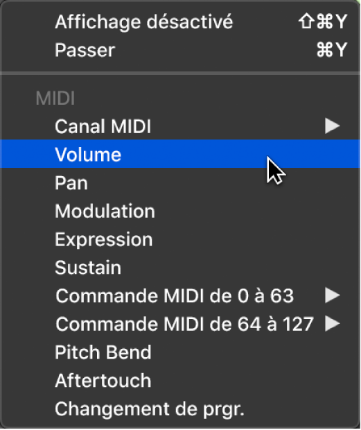 Figure. Menu local Paramètre d’automation/MIDI.