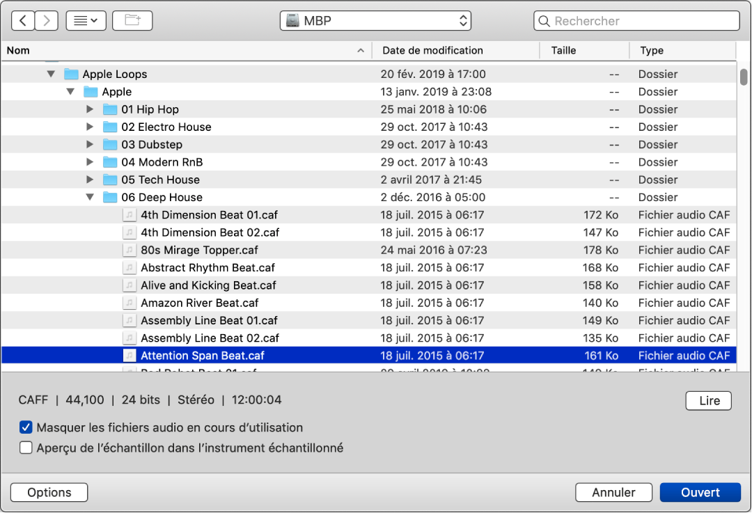 Figure. Sélecteur de fichier de Sampler montrant un fichier audio sélectionné, des cases et le bouton de lecture.