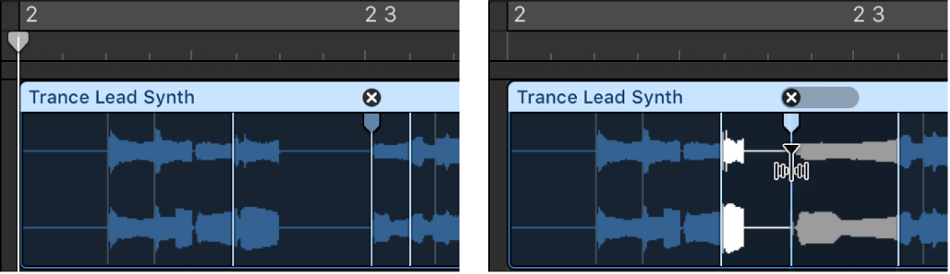 Figure. Deux régions audio montrant la région avant et après le déplacement d’un marqueur Flex vers la gauche.