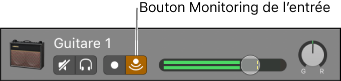 Figure. En-tête de la piste audio avec son bouton « Monitoring de l’entrée » sélectionné.