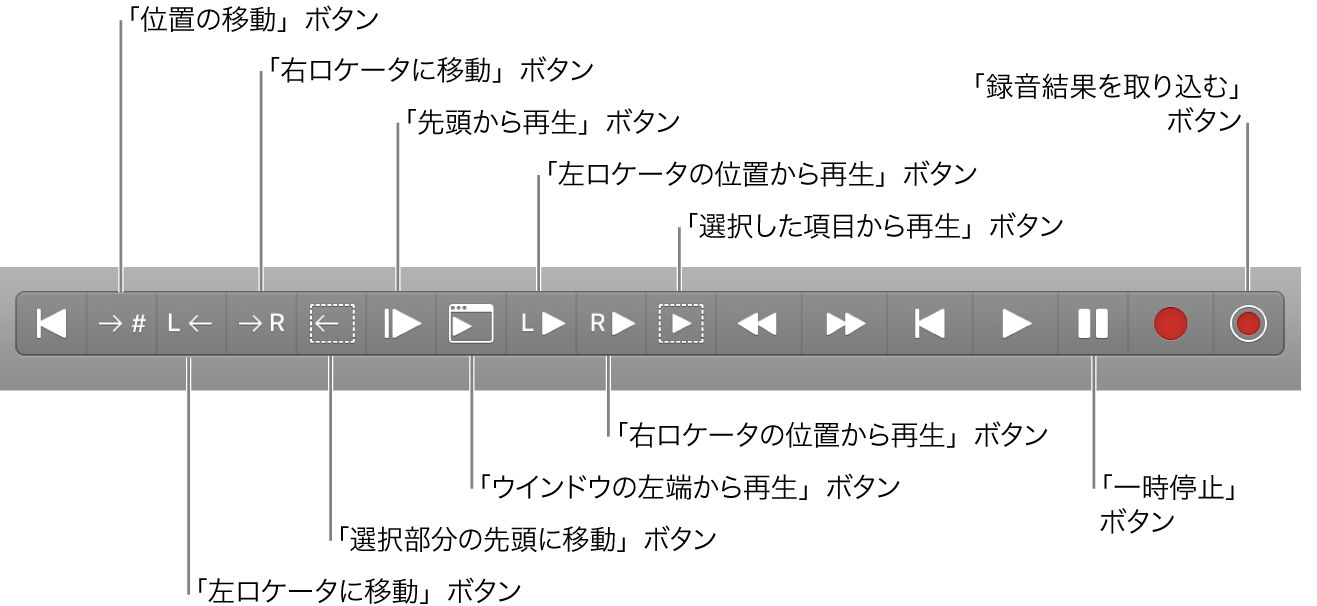 図。トランスポートボタン。すべての追加トランスポートボタンが表示されています。