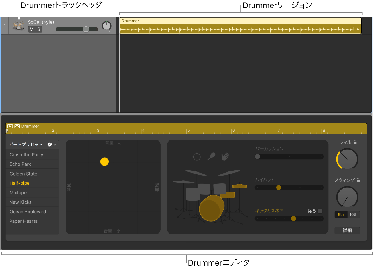 図。DrummerリージョンのあるDrummerトラックと、Drummerエディタ。