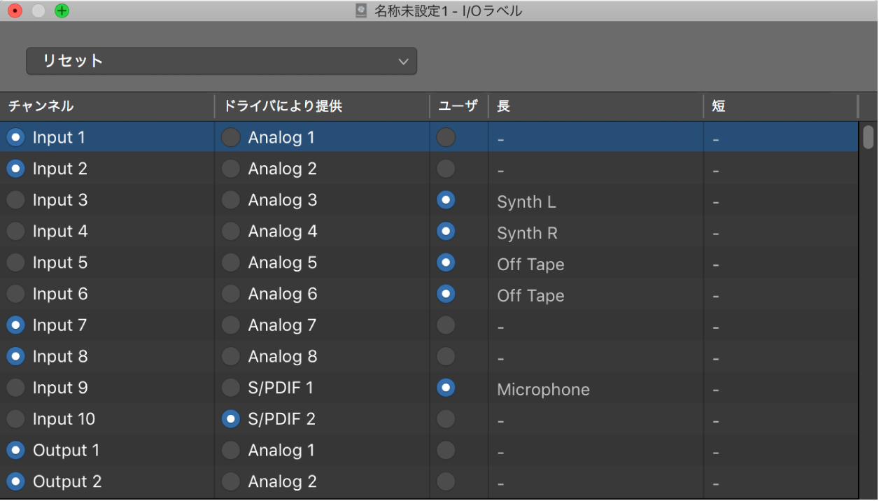 図。「I/Oラベル」ウインドウ。