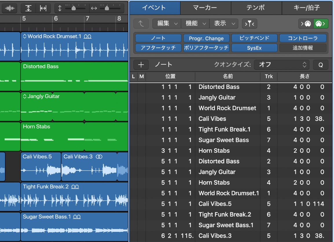 図。「アレンジ」ウインドウの全リージョンが表示された「イベントリスト」タブ。