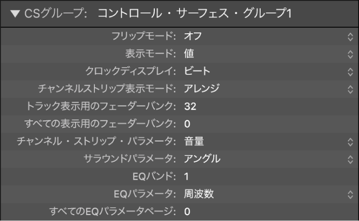 図。コントロール・サーフェス・グループの表示パラメータの画像。