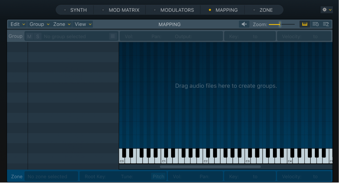 図。Samplerの空のキー・マッピング・エディタ。「Drag audio files here」というメッセージが表示されています。