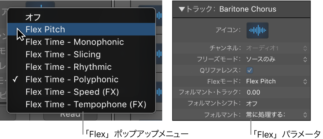 図。Flexのアルゴリズムとパラメータが表示されているトラックインスペクタ。