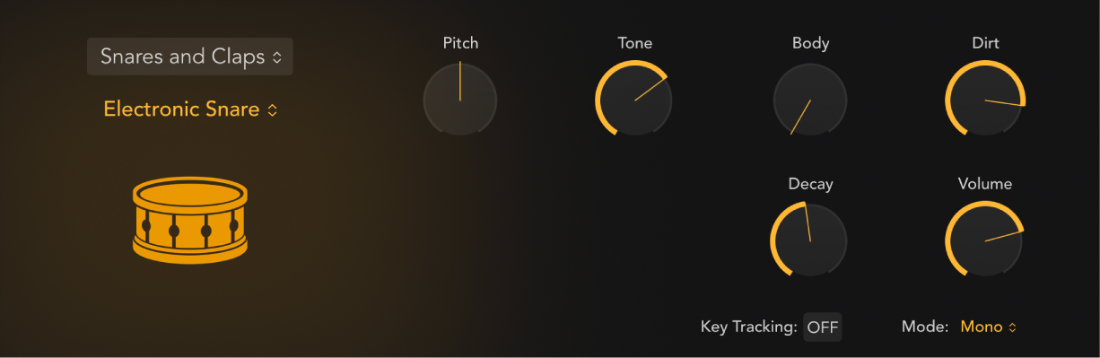 図。Drum Synthのインターフェイス。スネアドラムのサウンドと関連パラメータが表示されています。異なるスネアサウンドを選択すると、パラメータが変更されます。