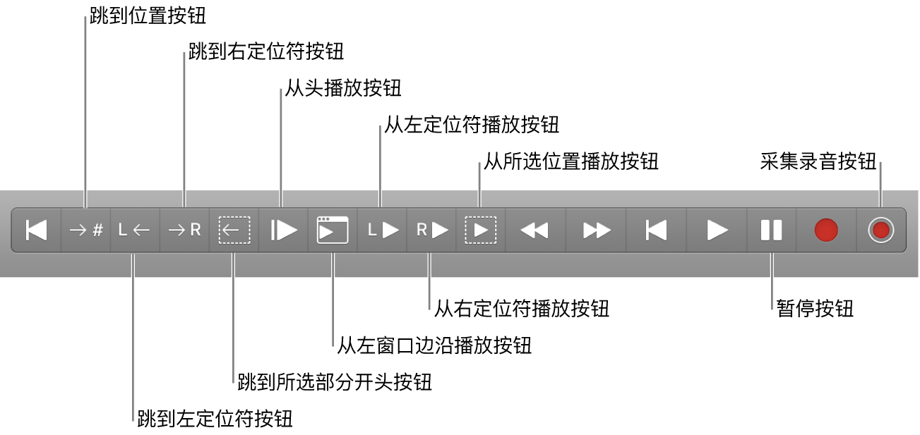 图。显示所有附加按钮的走带控制按钮。