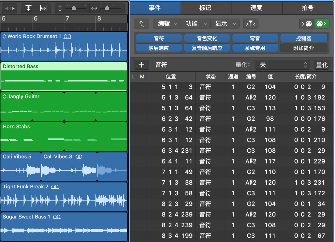 图。显示选定 MIDI 片段中所有事件的“事件列表”标签。