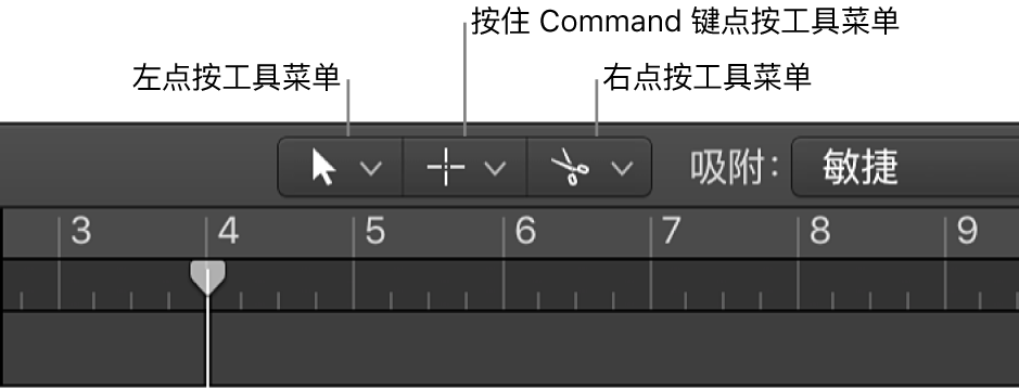 图。“编配”区域中的“左点按工具”菜单、“Command 键点按工具”菜单和“右点按工具”菜单。