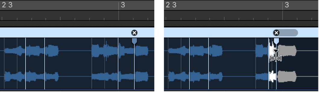 图。显示将 Flex 标记向左移动且覆盖前一个 Flex 标记前后的片段的两个音频片段。