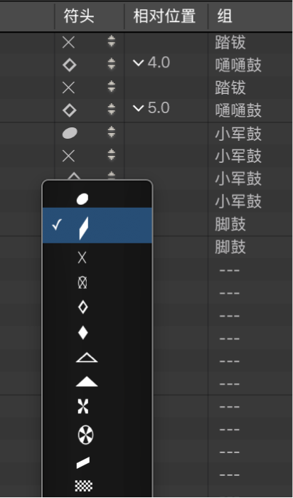 图。映射的乐器窗口中的“符头”弹出式菜单。