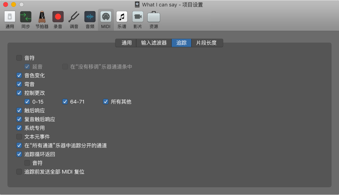 图。MIDI 项目设置中的“追踪”面板。