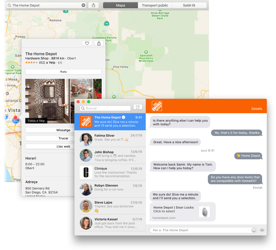 Un resultat de cerca de l’app Mapes d’un establiment comercial que utilitza el Xat per a clients i la corresponent conversa a la finestra de l’app Missatges.