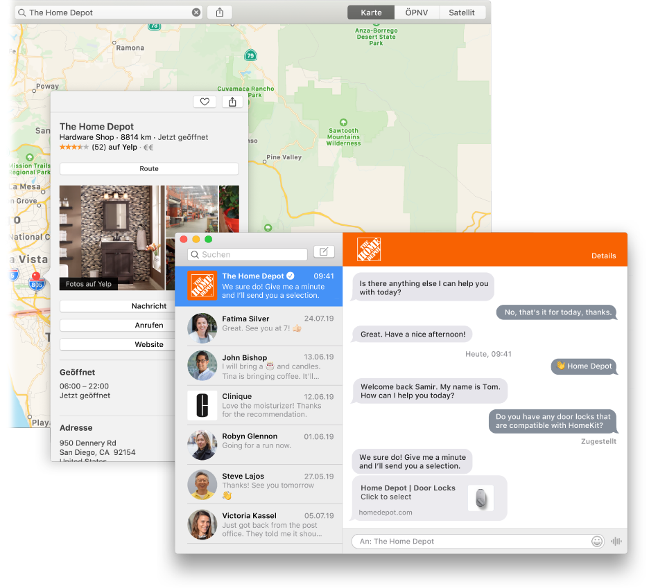 Ein Suchergebnis in der App „Karten“ für ein Unternehmen, das den Geschäftschat verwendet, und die entsprechende Konversation im Fenster „Nachrichten“.