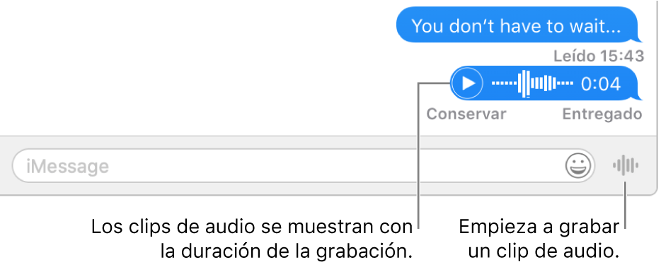 Una conversación en la ventana de Mensajes mostrando el botón “Enviar mensaje de voz” junto al campo de texto en la parte inferior de la ventana.