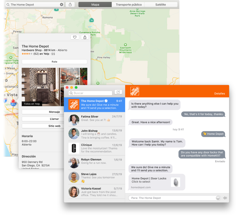 Un resultado de búsqueda de Mapas de una empresa que utiliza el chat para clientes, y la conversación resultante en la ventana de Mensajes.