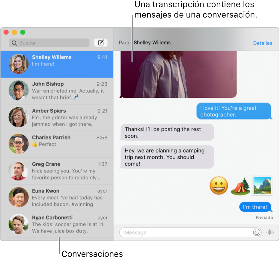 La ventana de Mensajes con conversaciones en la barra lateral y la transcripción que contiene los mensajes de la conversación.