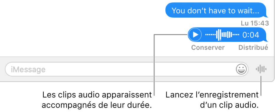 Une conversation dans la fenêtre Messages avec le bouton « Envoyer un message vocal » en regard de la zone de texte au bas de la fenêtre.