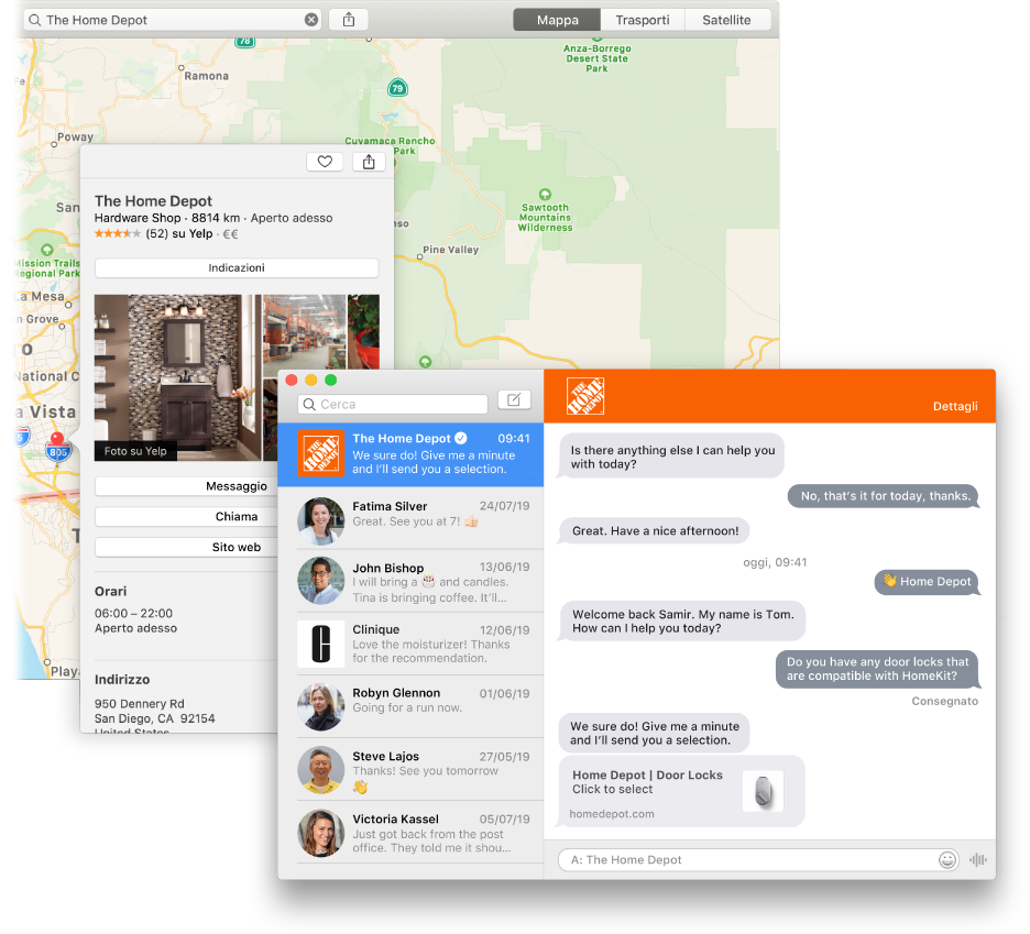 Un risultato di ricerca di Mappe per un'azienda che utilizza “Chat con l'azienda” e la conversazione risultante nella finestra Messaggi.