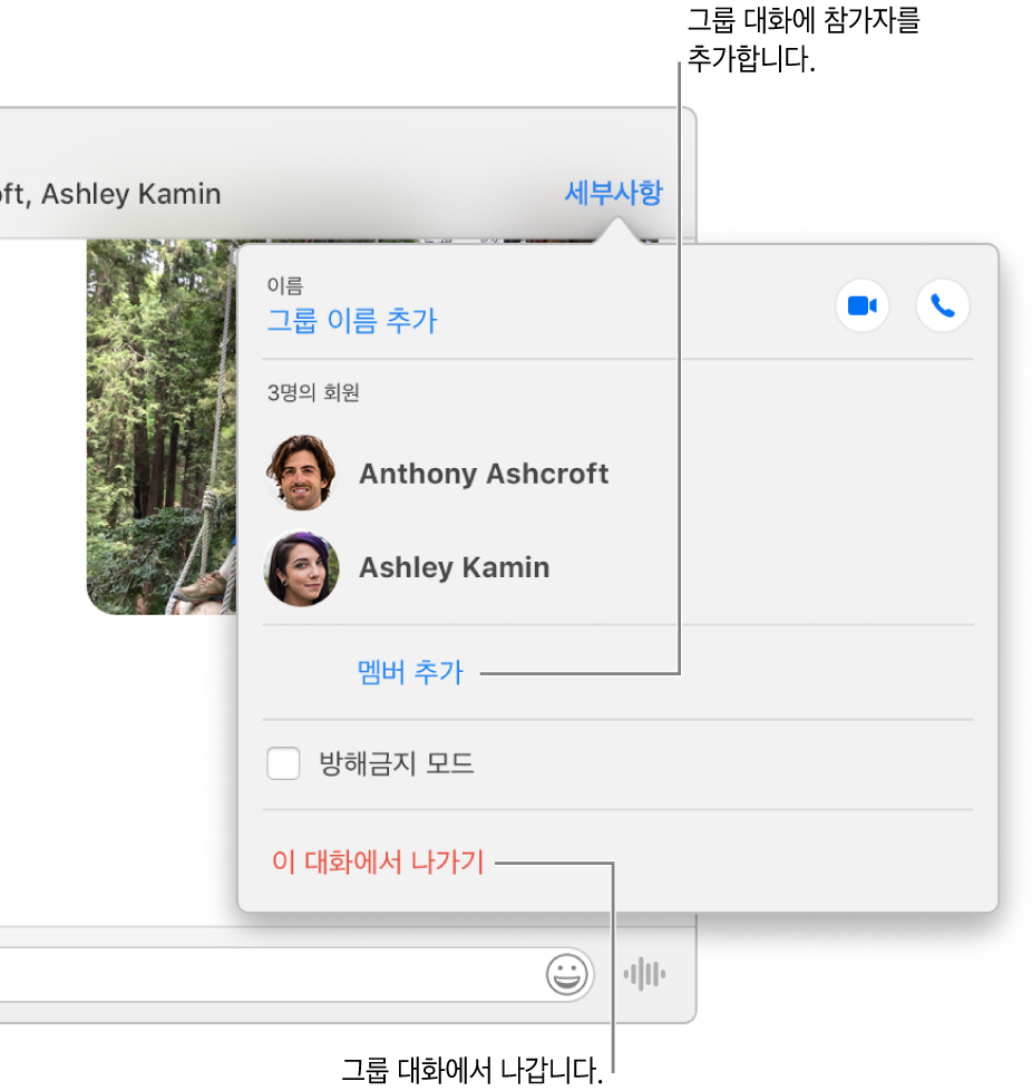 그룹 대화에서 세부사항을 클릭한 후 나타나는 세부사항 보기. 목록의 마지막 참가자 이름 아래 멤버 추가가 표시되고 대화상자의 하단에는 이 대화에서 나가기가 있습니다.