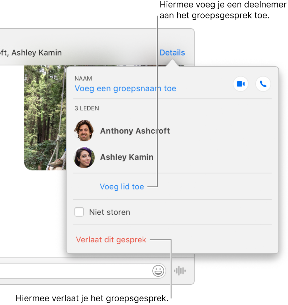 Detailweergave, die verschijnt als je in een groepsgesprek op 'Details' klikt. 'Voeg lid toe' wordt onder de naam van de laatste deelnemer in de lijst weergegeven. 'Verlaat dit gesprek' wordt onder in het dialoogvenster weergegeven.