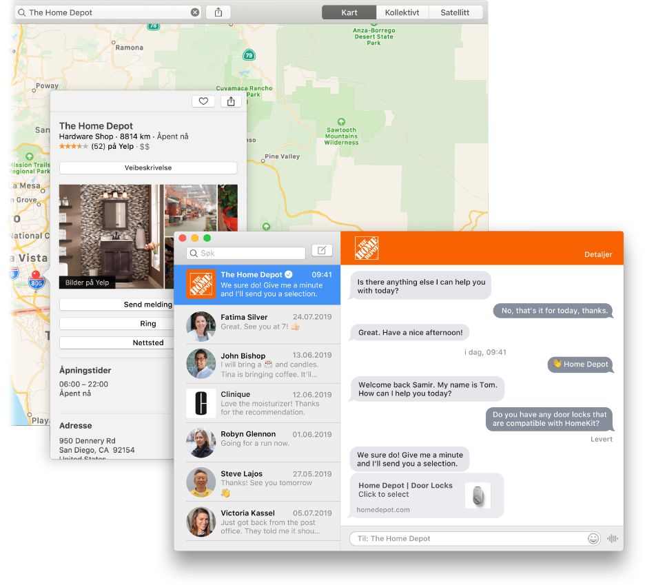 Et søkeresultat i Kart etter en bedrift som bruker Spør bedriften, og den resulterende samtalen i et Meldinger-vindu.